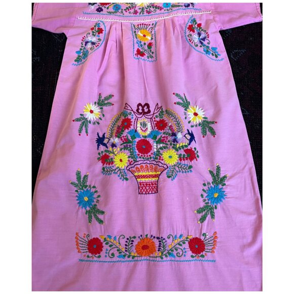 Vintage Embroidered Mexican Midi Dress | Size Small 4 | Pink | Oaxaca - Picture 6 of 8
